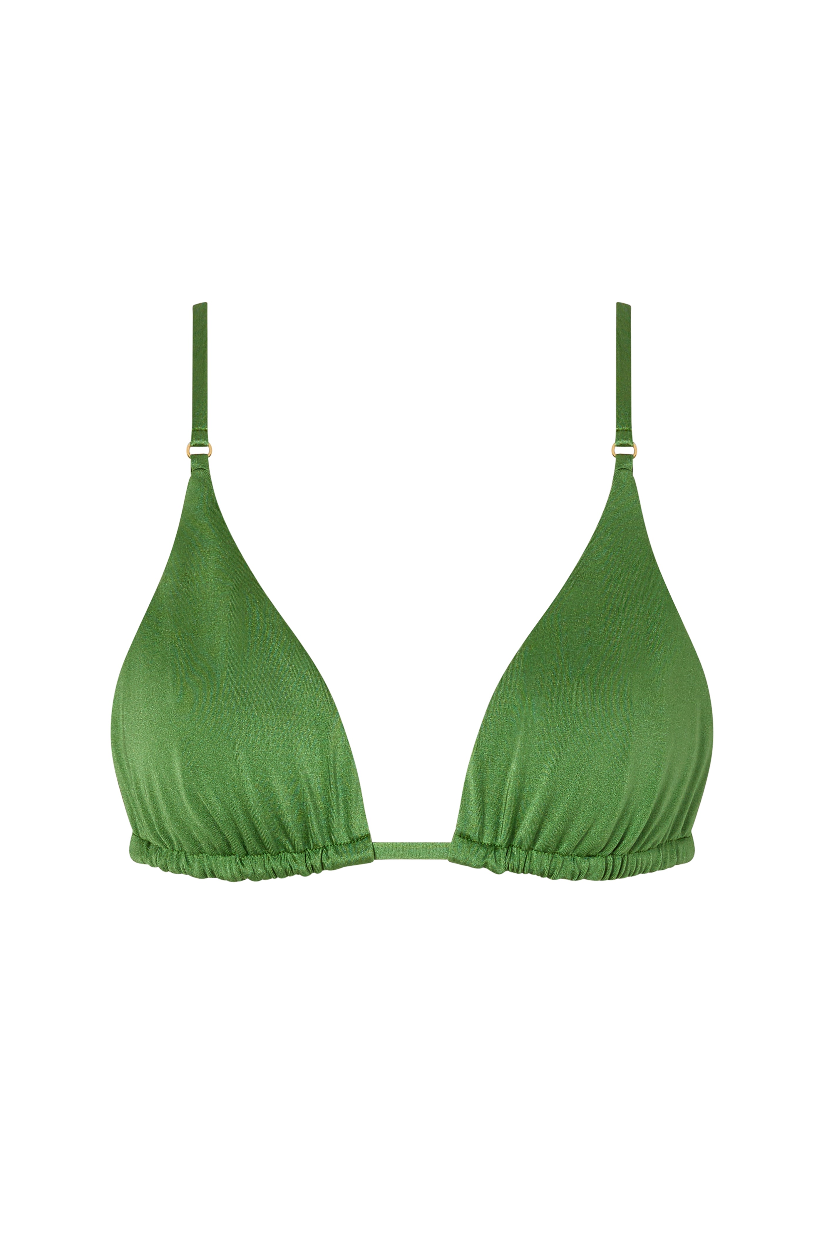 ROSY bikini top in Green, minimalist triangle style with gold details for a refined beach look.