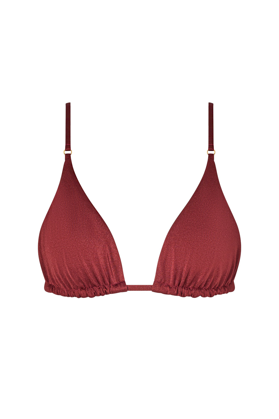 ROSY triangle bikini top in Marron with gold accessories and soft, rich tone.