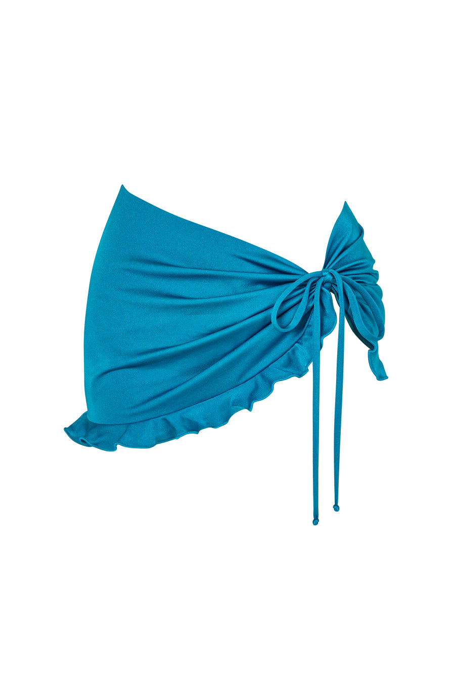 lola swim skirt bottom in Peacock, front view showing ruffle hem and elegant fit.
