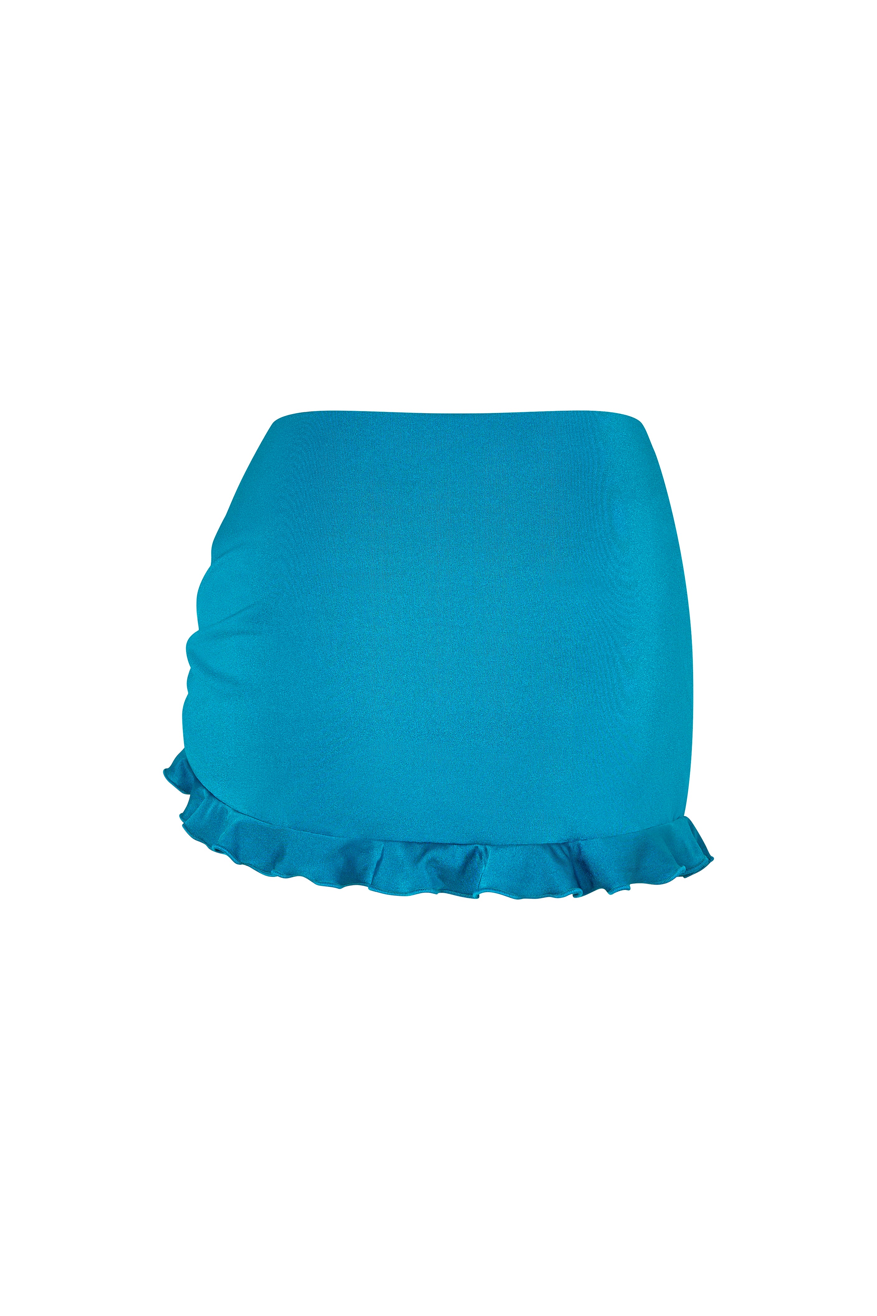 lola swim skirt bottom in Peacock, back view with smooth coverage and flirty trim.