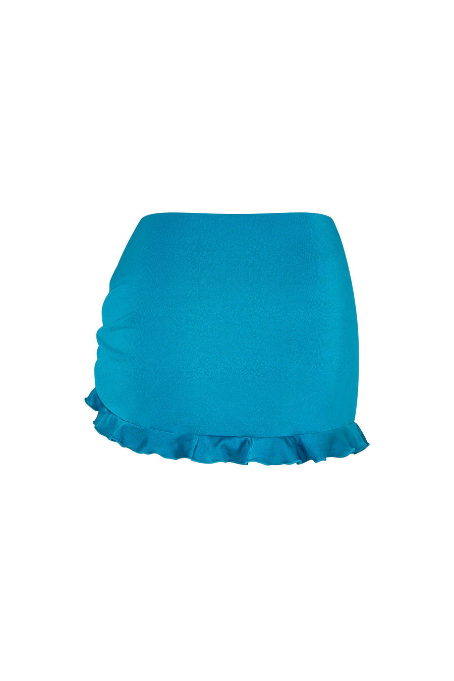 lola swim skirt bottom in Peacock, back view with smooth coverage and flirty trim.