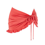 Orange Soda bikini skirt, front view with tie detail and ruffled edge.