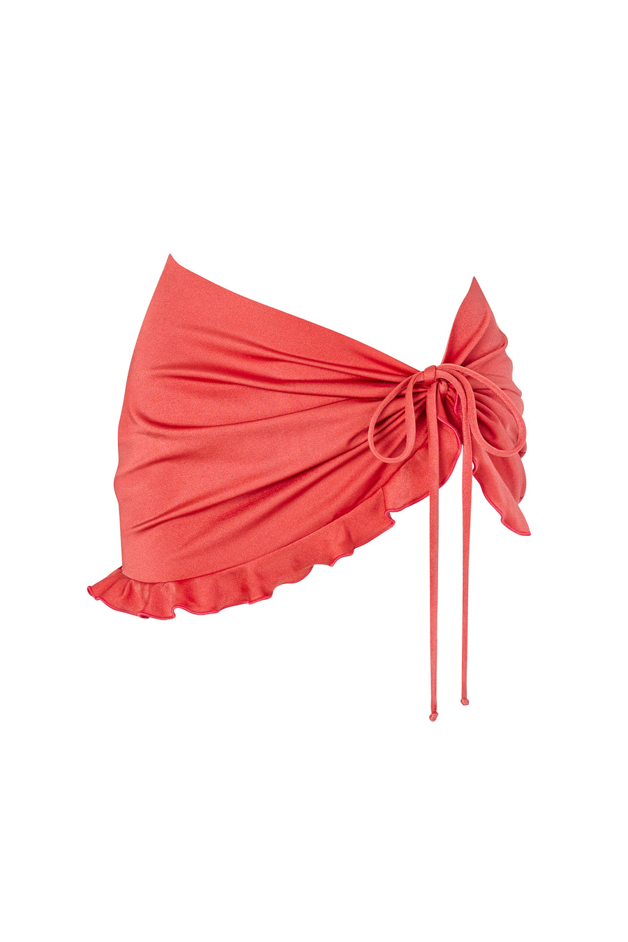 Orange Soda bikini skirt, front view with tie detail and ruffled edge.