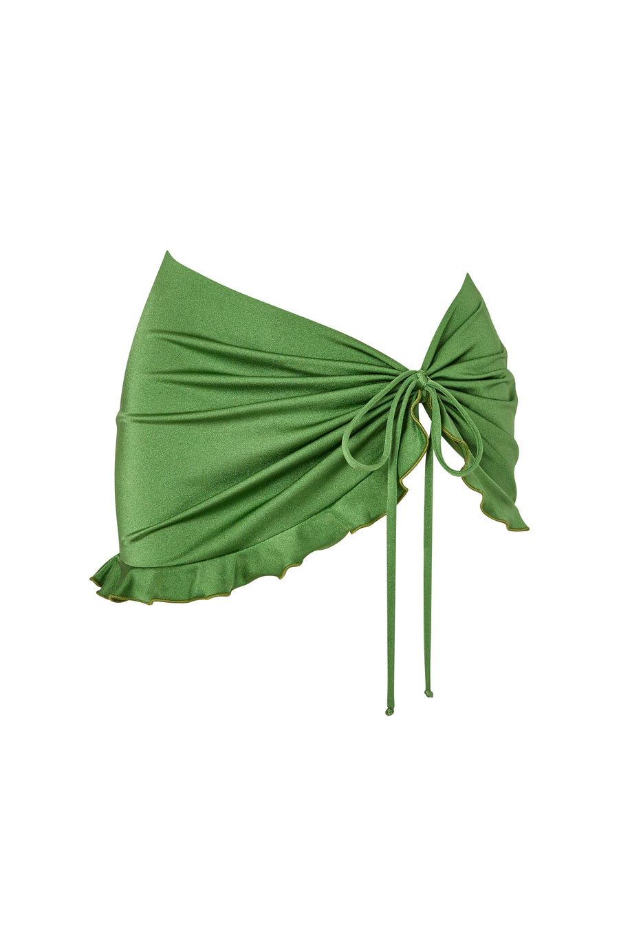 lola KIKKA green swim skirt, front view featuring ruched tie design and ruffle hem.