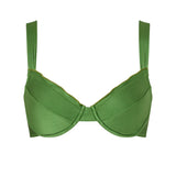 Front view of the KIKKA bikini top in shiny green, featuring a sculptural underwire shape and clean neckline.