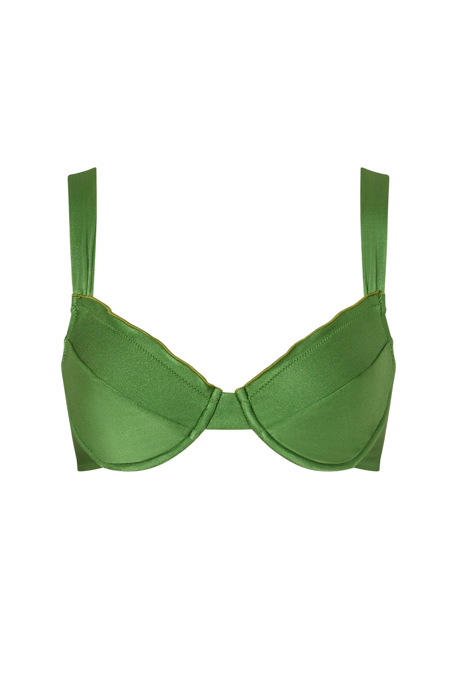 Front view of the KIKKA bikini top in shiny green, featuring a sculptural underwire shape and clean neckline.